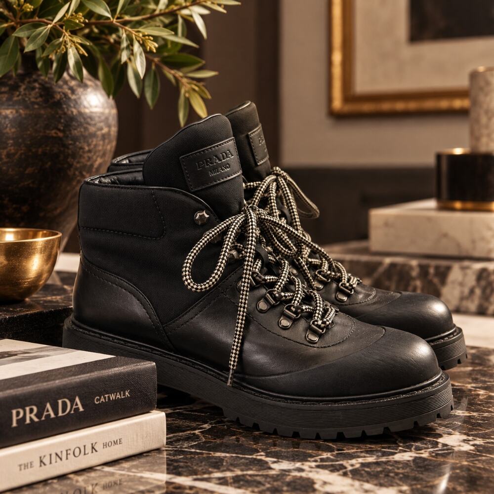 PRADA Leather Hiking Boots Black Sz 39.5/US 8.5 $1250
